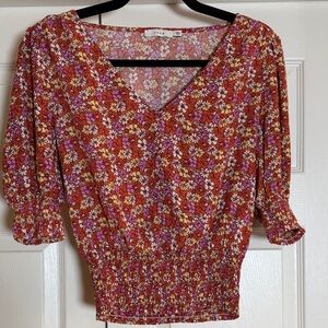 LUSH Rust Floral V-Neck Smocked Hem Button Blouse